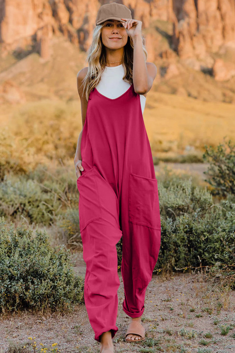 Double Take Full Size V-Neck Sleeveless Jumpsuit with Pockets - AMIN Clothing 