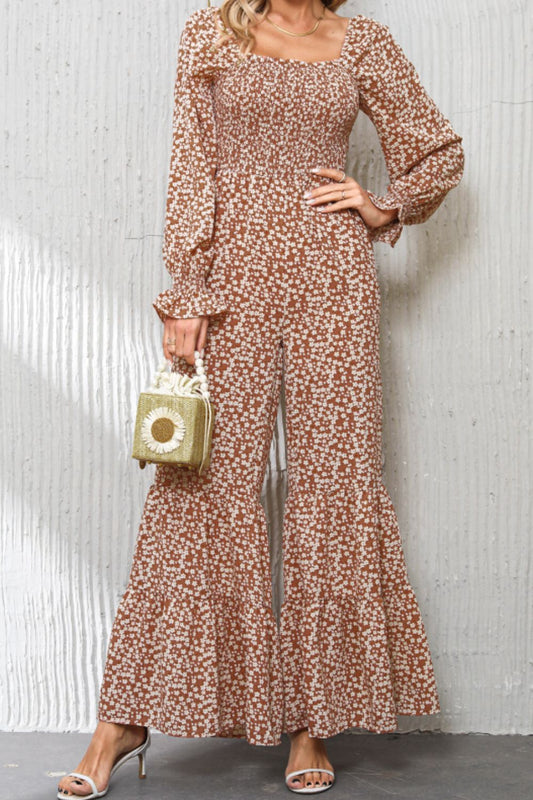 Floral Square Neck Ruffled Wide Leg Jumpsuit - AMIN Clothing 