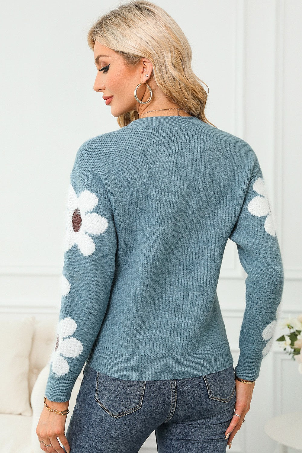 Flower Round Neck Long Sleeve Sweater - AMIN Clothing 