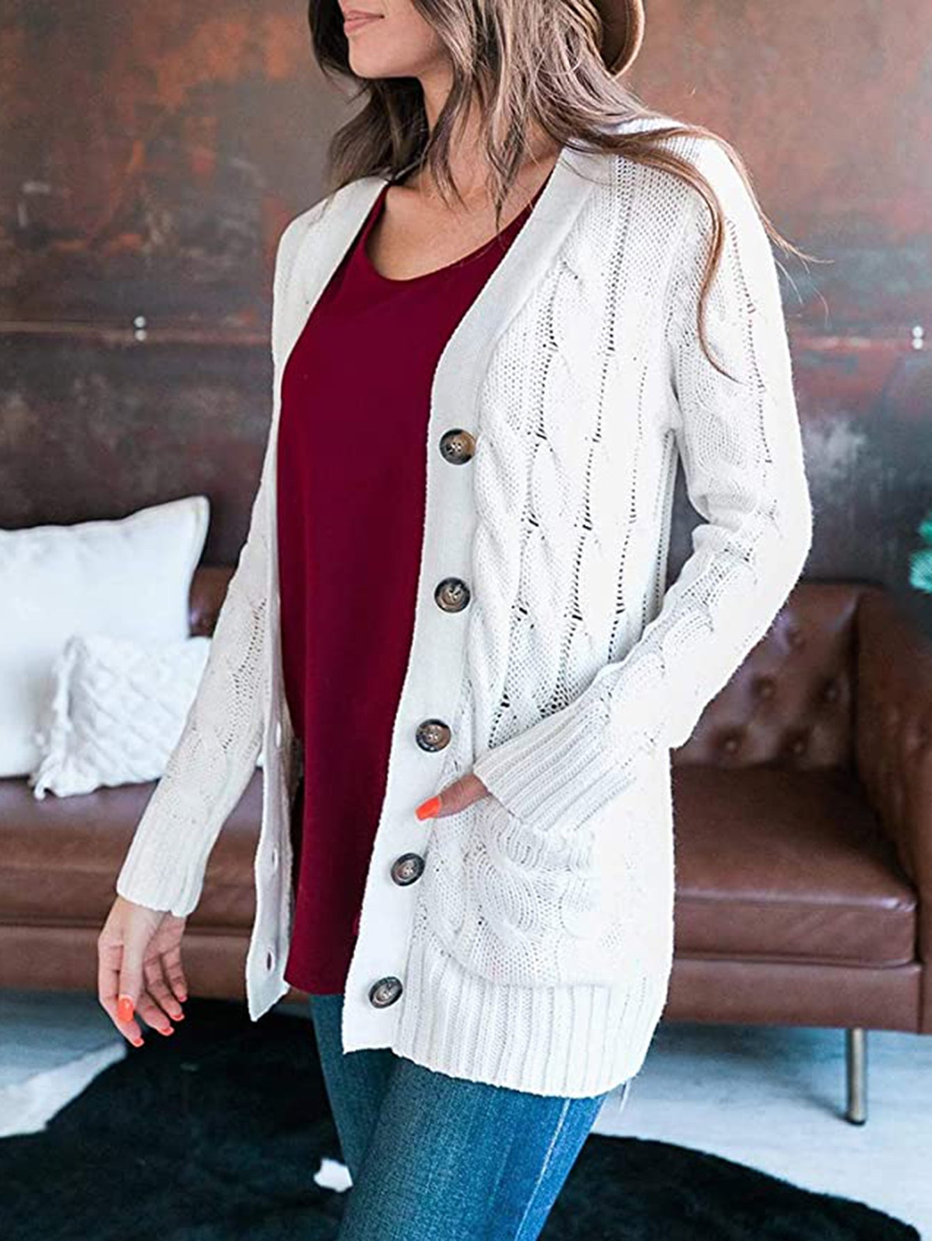 Cable-Knit Buttoned Cardigan with Pockets - AMIN Clothing 