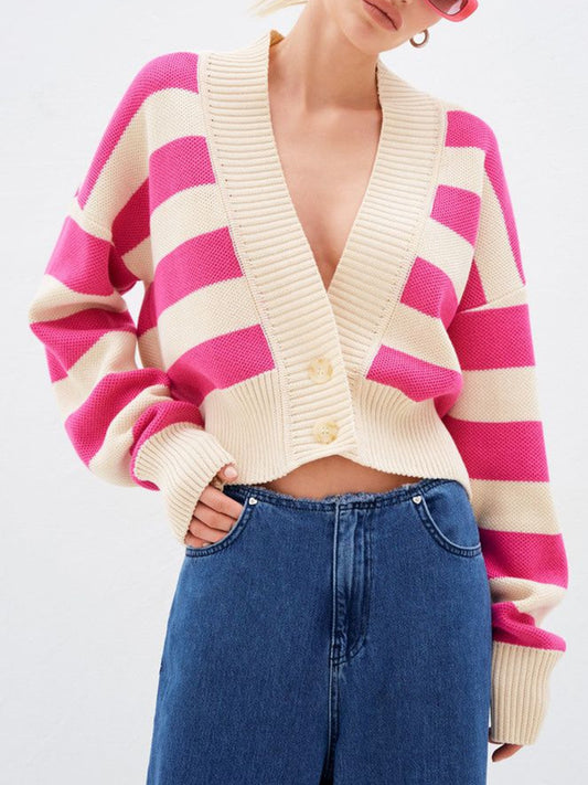 Striped Button Down Drop Shoulder Cardigan - AMIN Clothing 