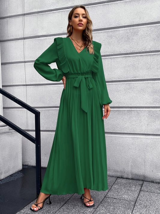 Pleated Surplice Tie Waist Maxi Dress - AMIN Clothing 