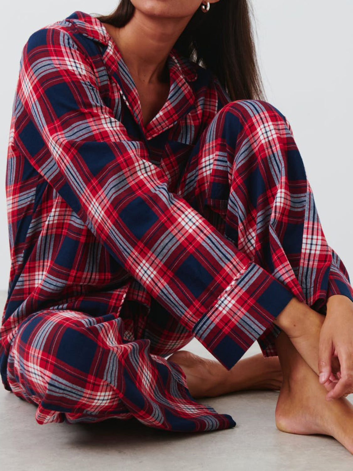 Plaid Collared Neck Button Up Top and Pants Lounge Set - AMIN Clothing 