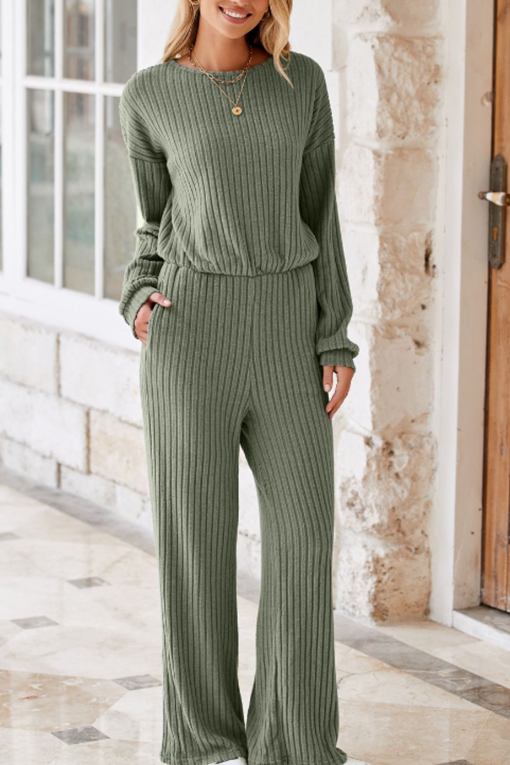 Round Neck Long Sleeve Jumpsuit - AMIN Clothing 