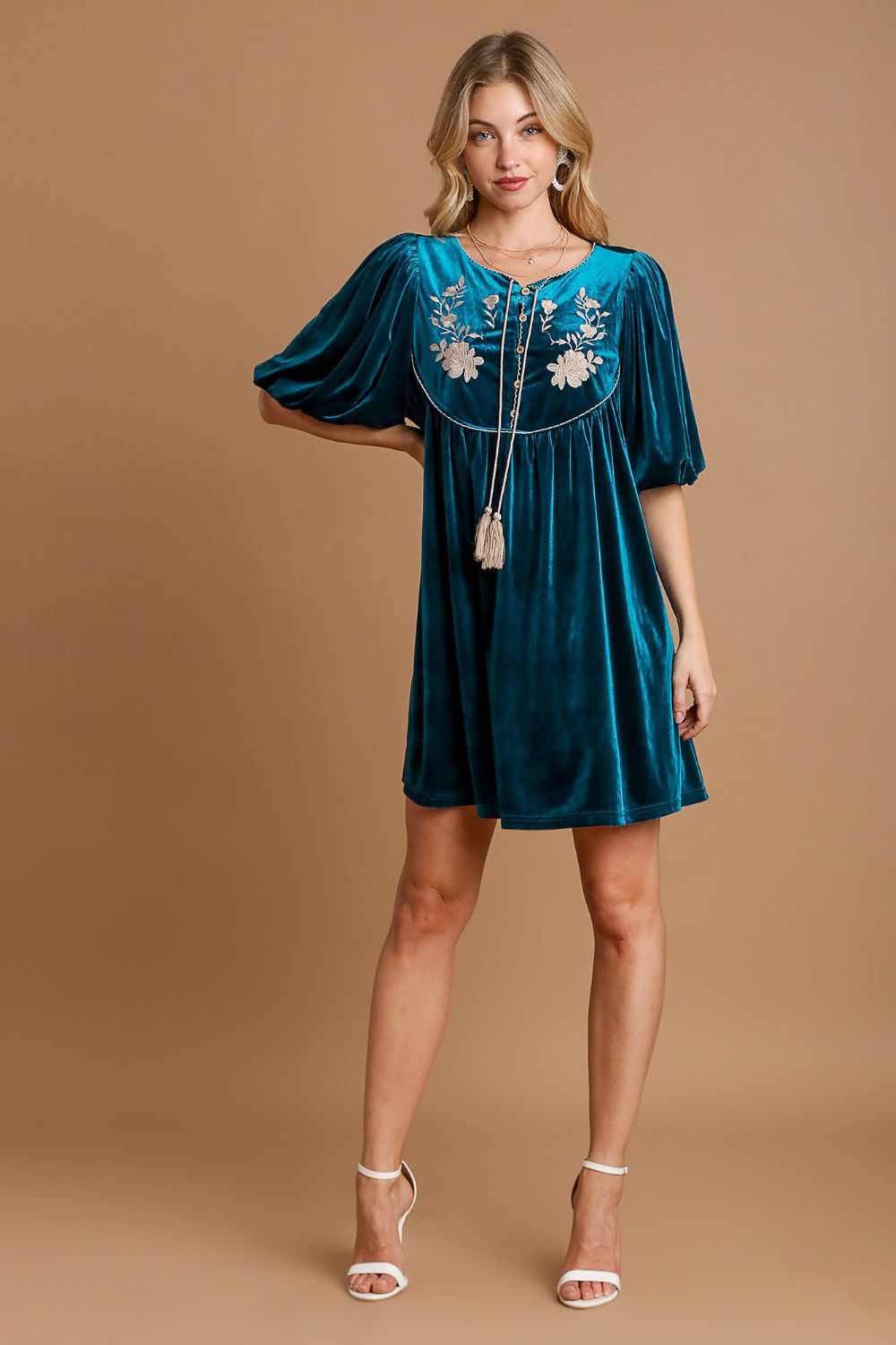 Umgee Embroidered Half Sleeve Velvet Mini Dress with Tassel - AMIN Clothing 