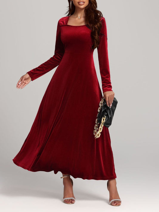 Square Neck Long Sleeve Velvet Dress - AMIN Clothing 