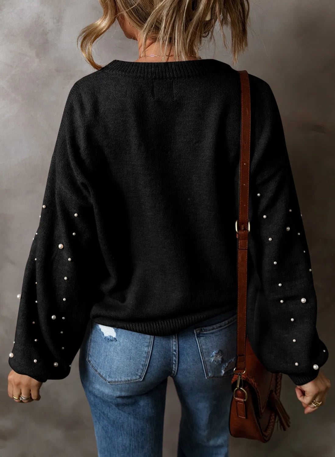 Pearl Detail Round Neck Long Sleeve Sweater - AMIN Clothing 