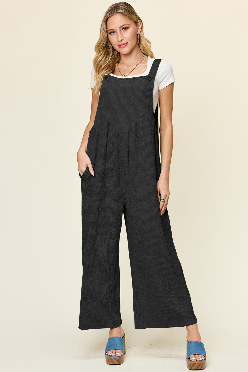 Double Take Full Size Texture Sleeveless Wide Leg Overall - AMIN Clothing 