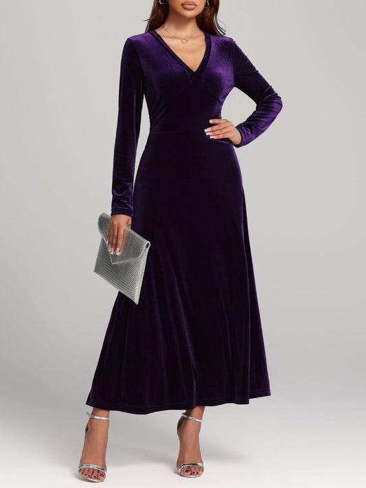 V-Neck Long Sleeve Velvet Dress - AMIN Clothing 