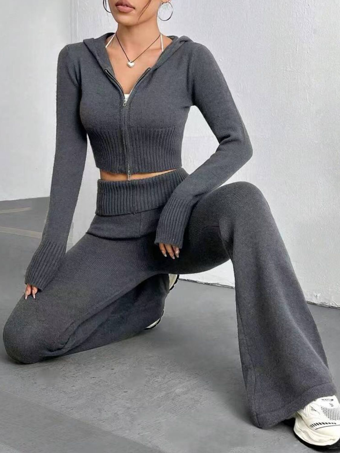 Zip Up Hooded Top and Flare Pants Sweater Set - AMIN Clothing 