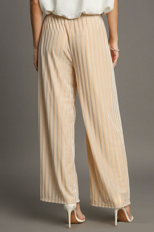 Umgee Elastic Waist Striped Wide Leg Velvet Pants - AMIN Clothing 