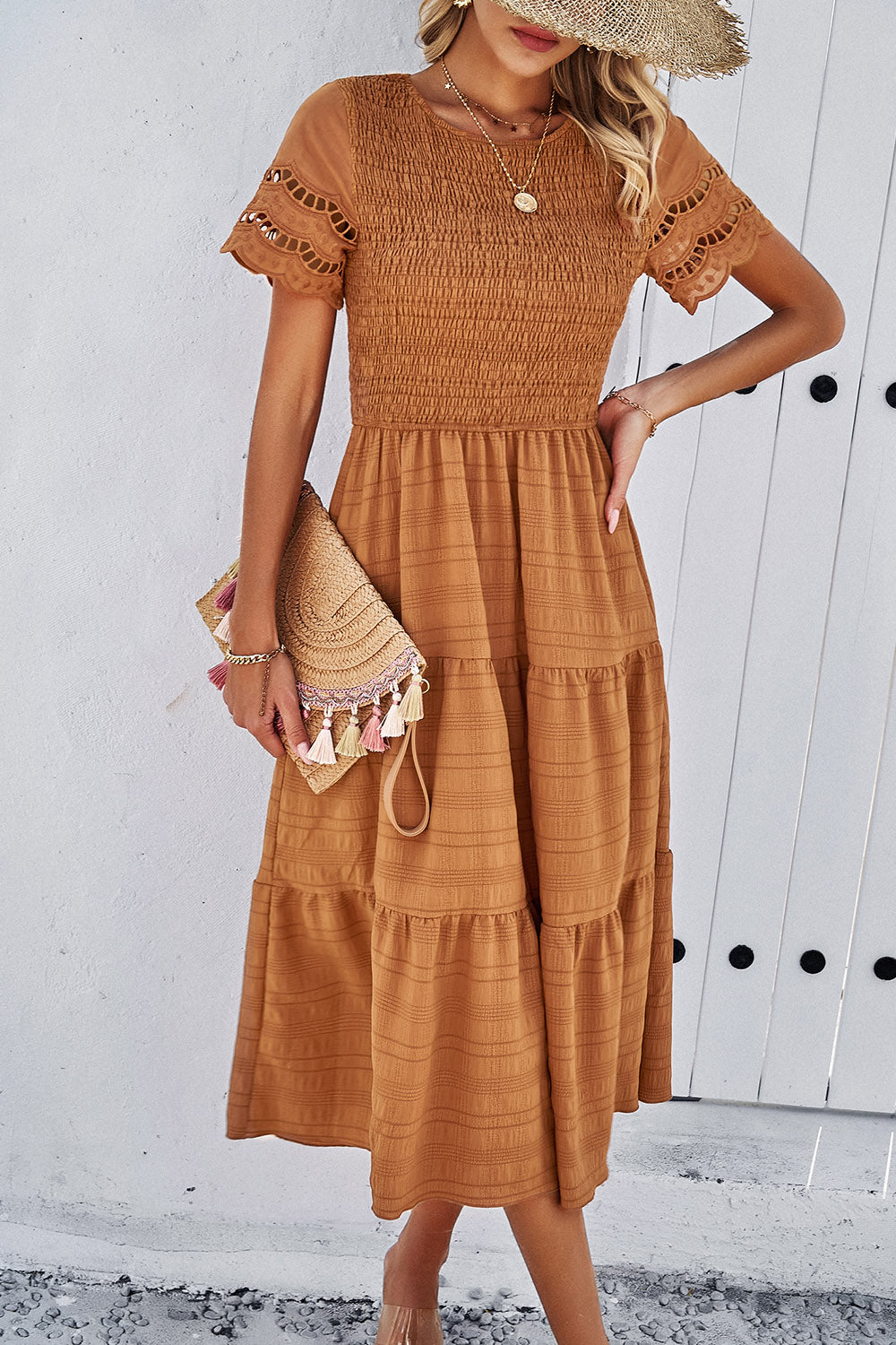 Devine Smocked Round Neck Short Sleeve Midi Dress - AMIN Clothing 