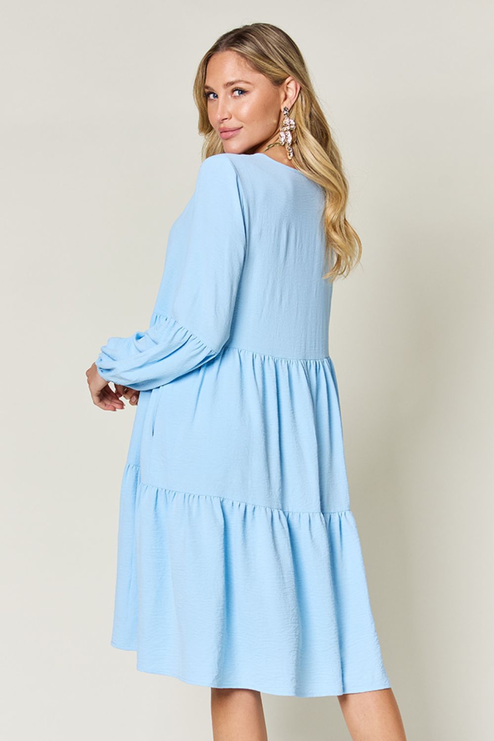 Double Take Full Size V-Neck Balloon Sleeve Tiered Dress with Pockets - AMIN Clothing 