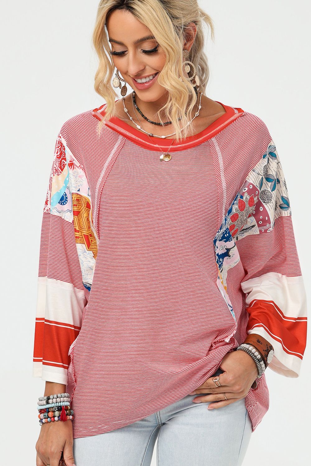 Striped Floral Patchwork Round Neck Top - AMIN Clothing 