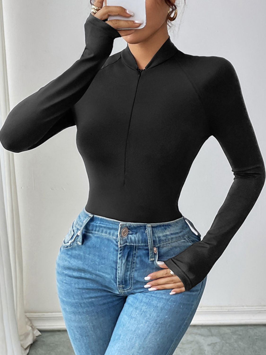 Perfee Half Zip Long Sleeve Bodysuit - AMIN Clothing 