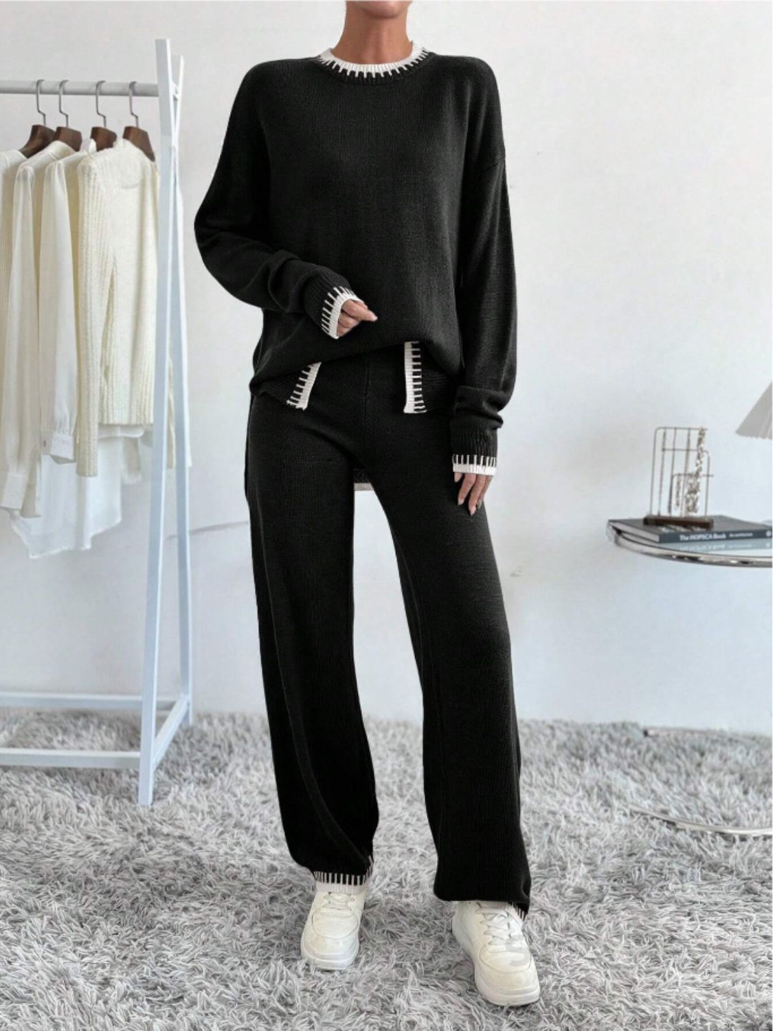 Side Slit Contrast Trim Round Neck Top and Pants Sweater Set - AMIN Clothing 