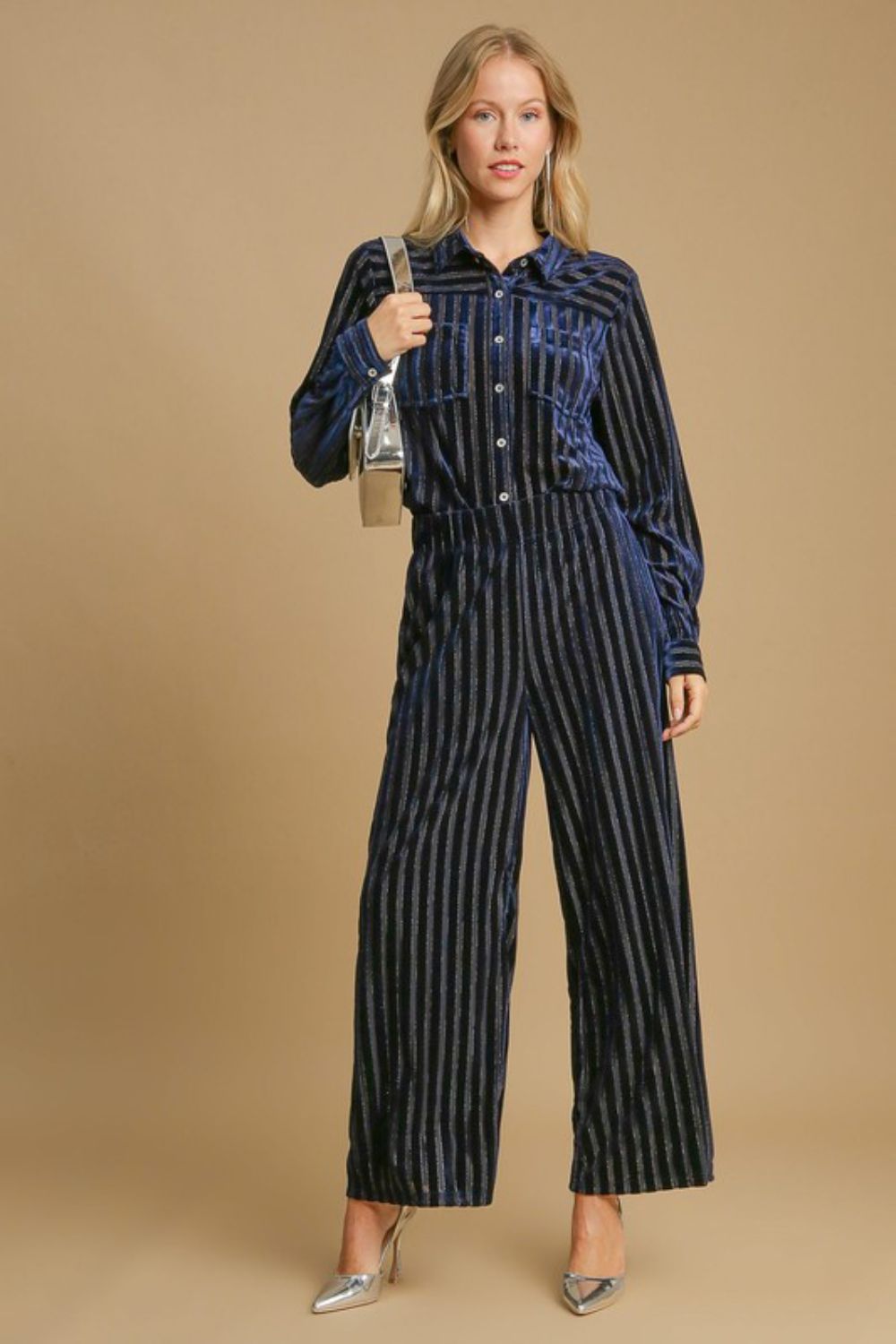 Umgee Full Size Elastic Waist Striped Wide Leg Velvet Pants - AMIN Clothing 