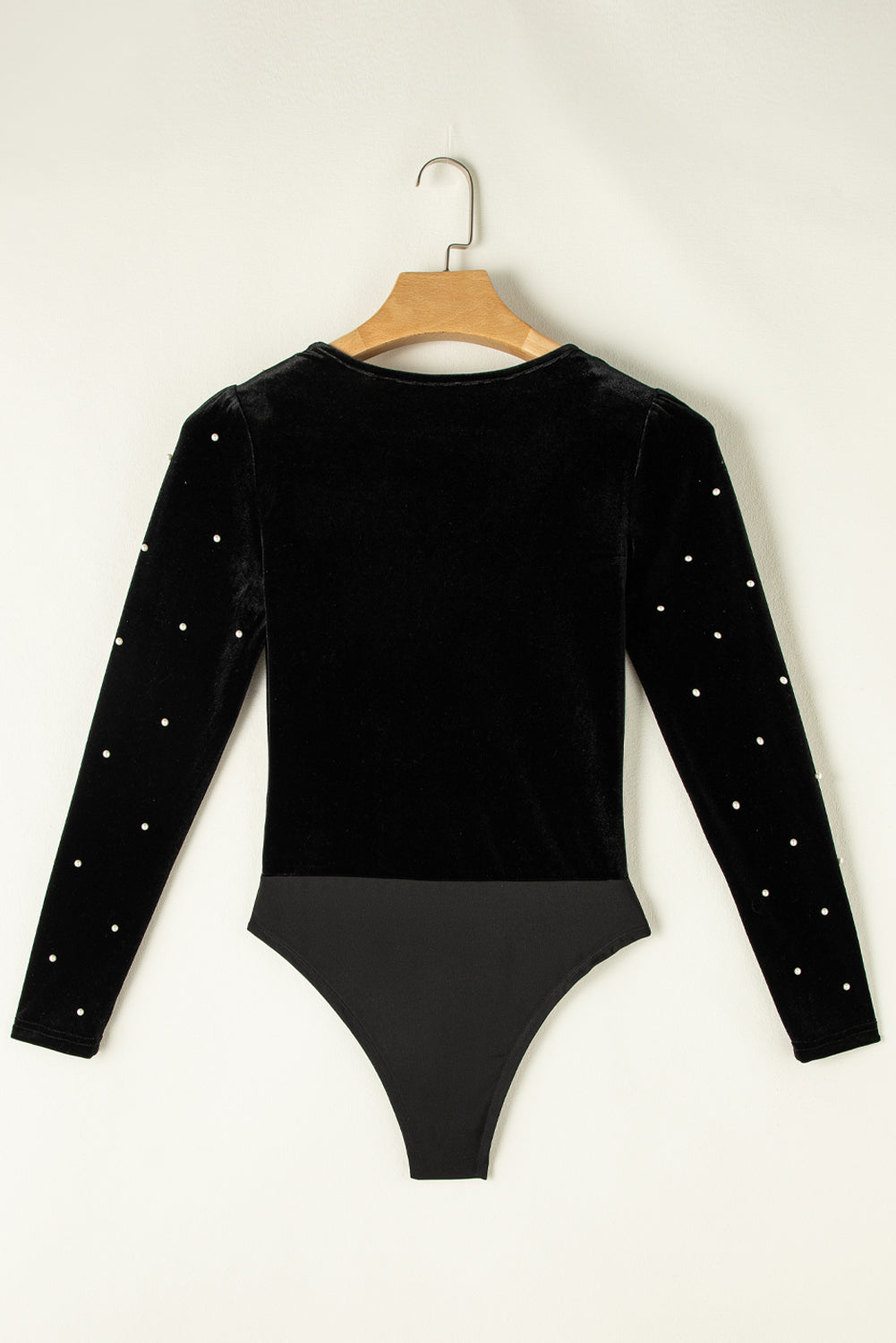 Pearl Detail Velvet V-Neck Long Sleeve Bodysuit - AMIN Clothing 