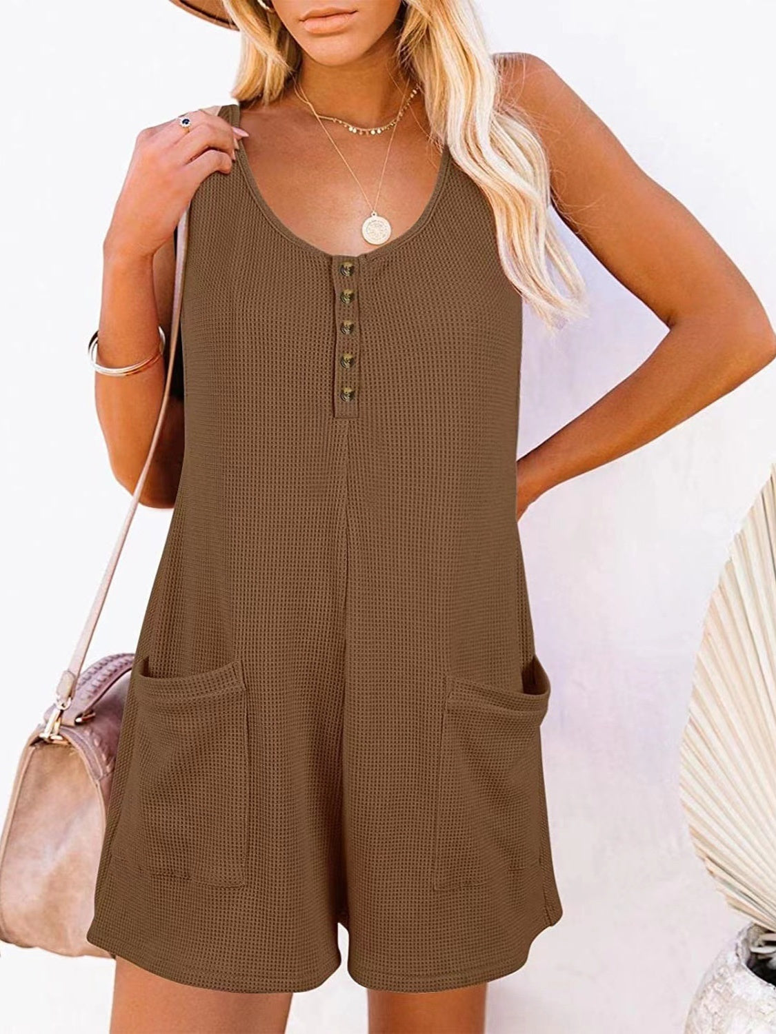 Full Size Pocketed Scoop Neck Sleeveless Romper - AMIN Clothing 