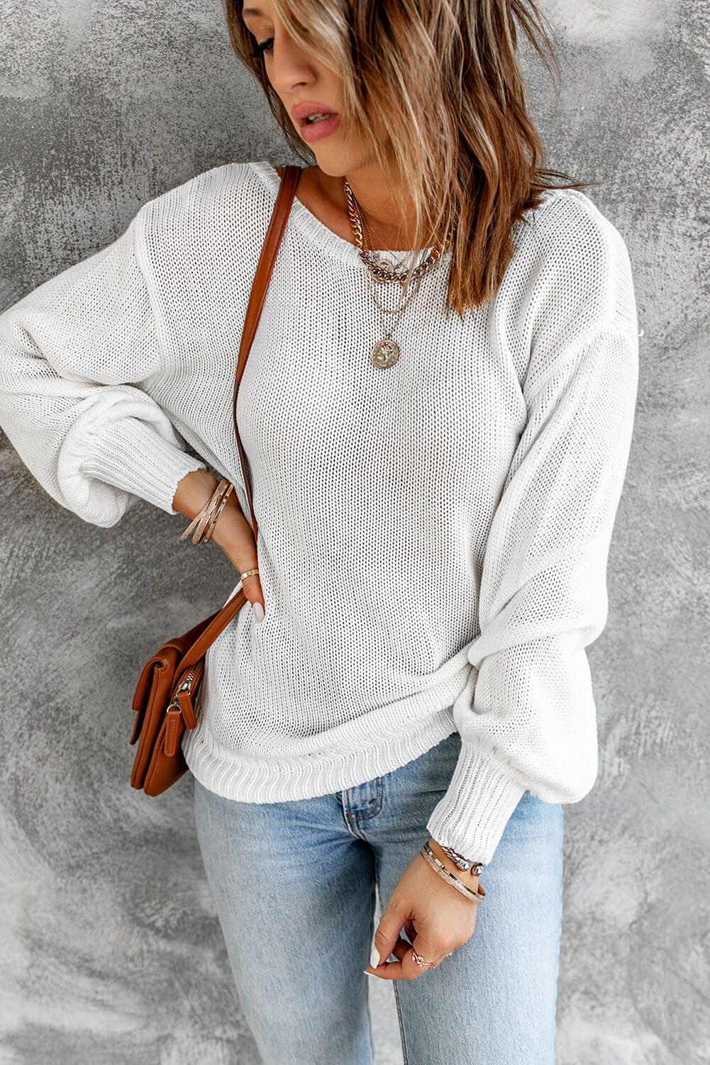 Tied Balloon Sleeve Round Neck Sweater - AMIN Clothing 