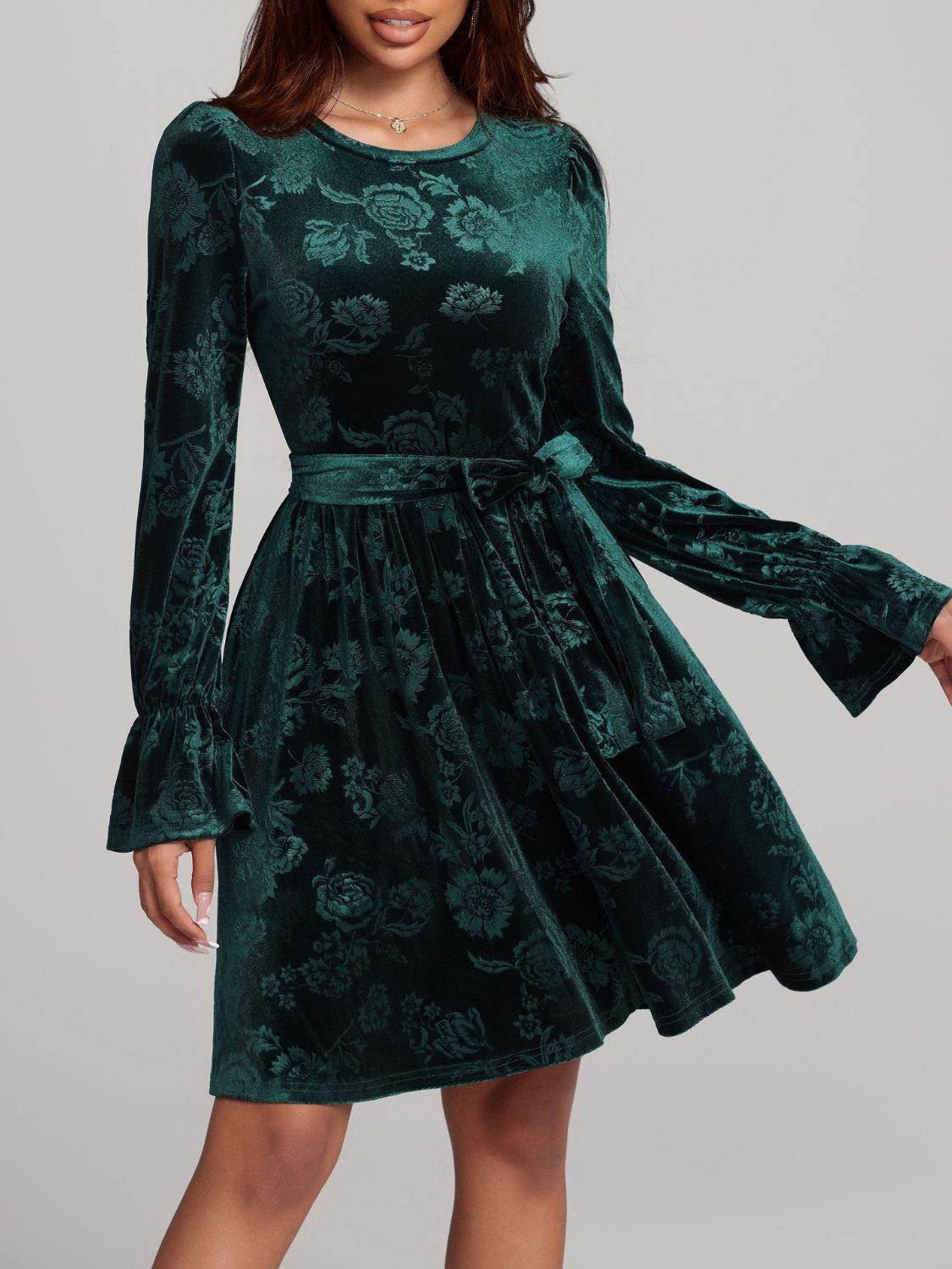 Tied Flower Print Round Neck Flounce Sleeve Dress - AMIN Clothing 