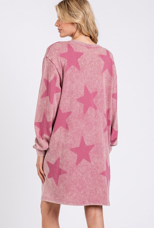 SAGE + FIG Washed Star Print Round Neck Dress - AMIN Clothing 