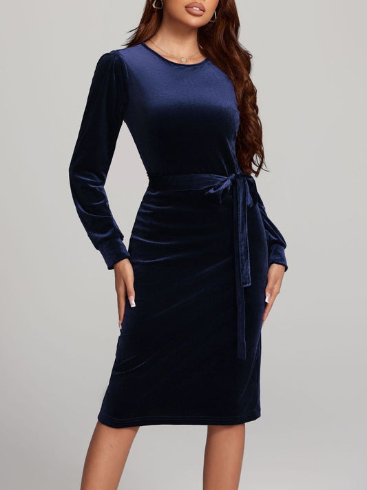 Round Neck Tie Waist Long Sleeve Velvet Dress - AMIN Clothing 