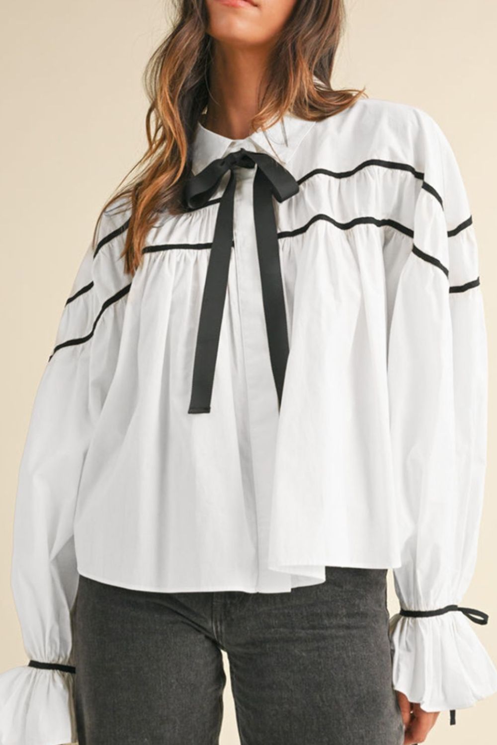 Ribbon Bowtie Collared Neck Flounce Sleeve Shirt - AMIN Clothing 