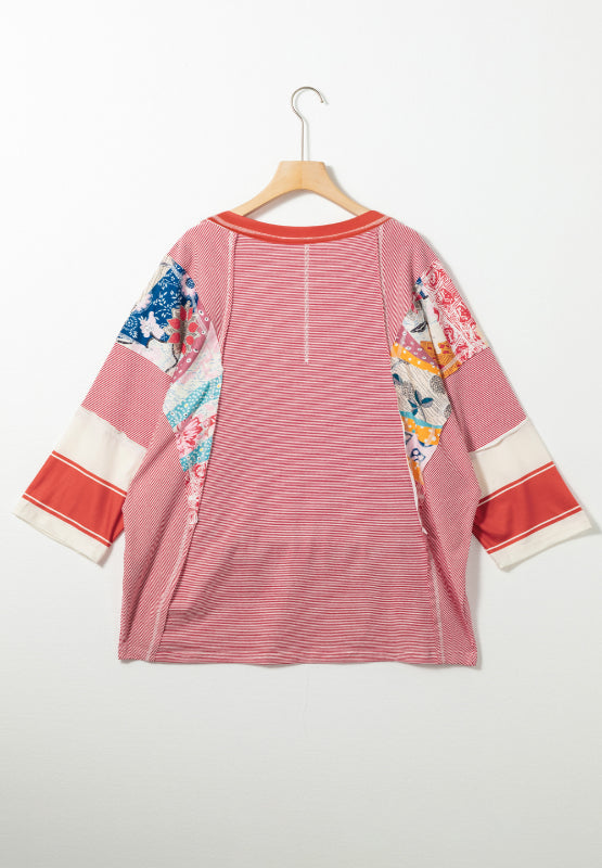 Striped Floral Patchwork Round Neck Top - AMIN Clothing 