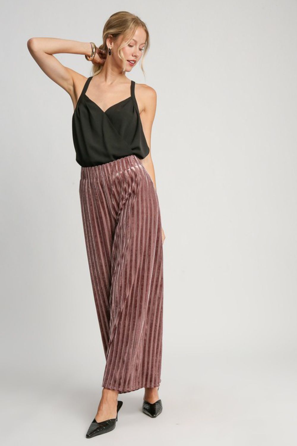 Umgee Full Size Elastic Waist Striped Wide Leg Velvet Pants - AMIN Clothing 