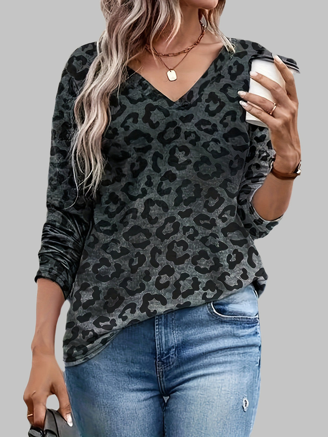 Leopard V-Neck Long Sleeve T-Shirt - AMIN Clothing 