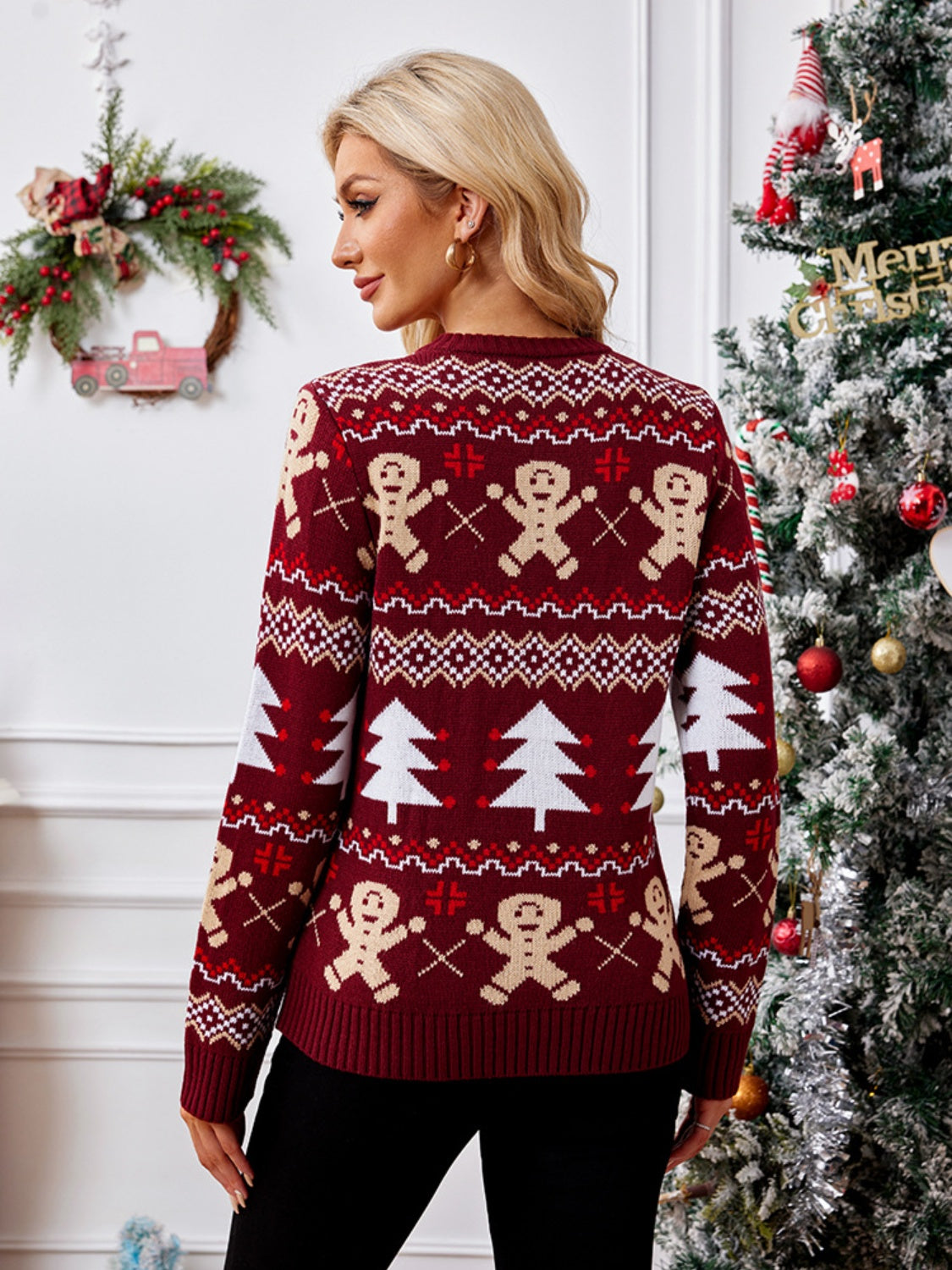 Gingerbread Round Neck Long Sleeve Sweater - AMIN Clothing 