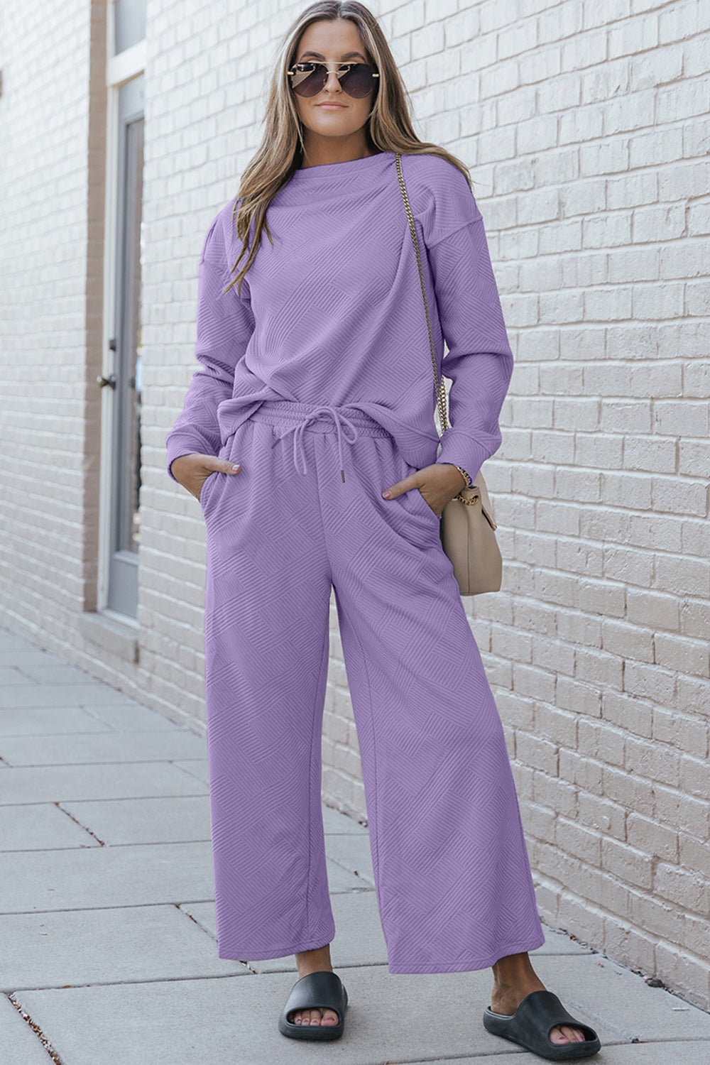 Double Take Full Size Textured Long Sleeve Top and Drawstring Pants Set - AMIN Clothing 