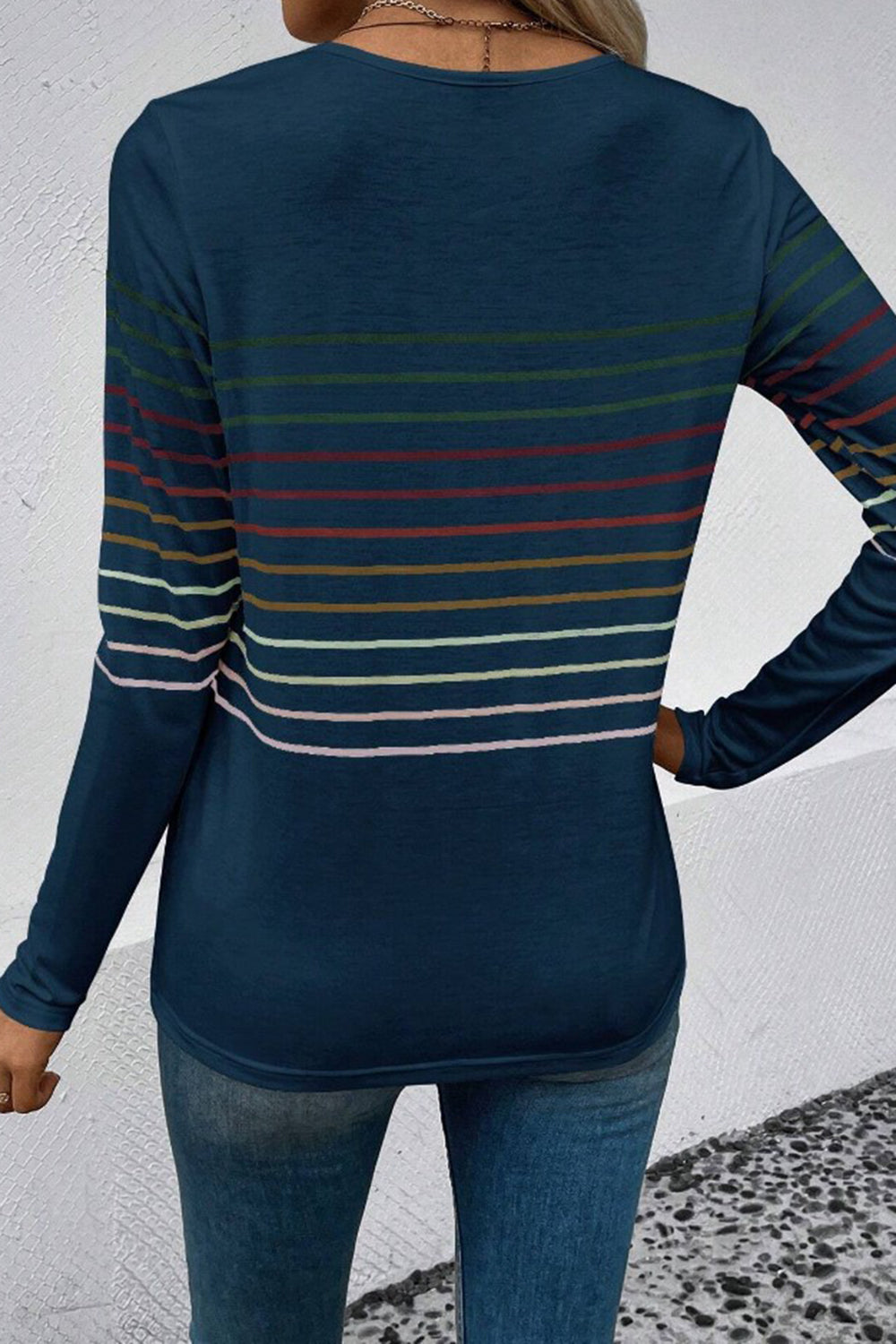 Striped Round Neck Long Sleeve T-Shirt - AMIN Clothing 