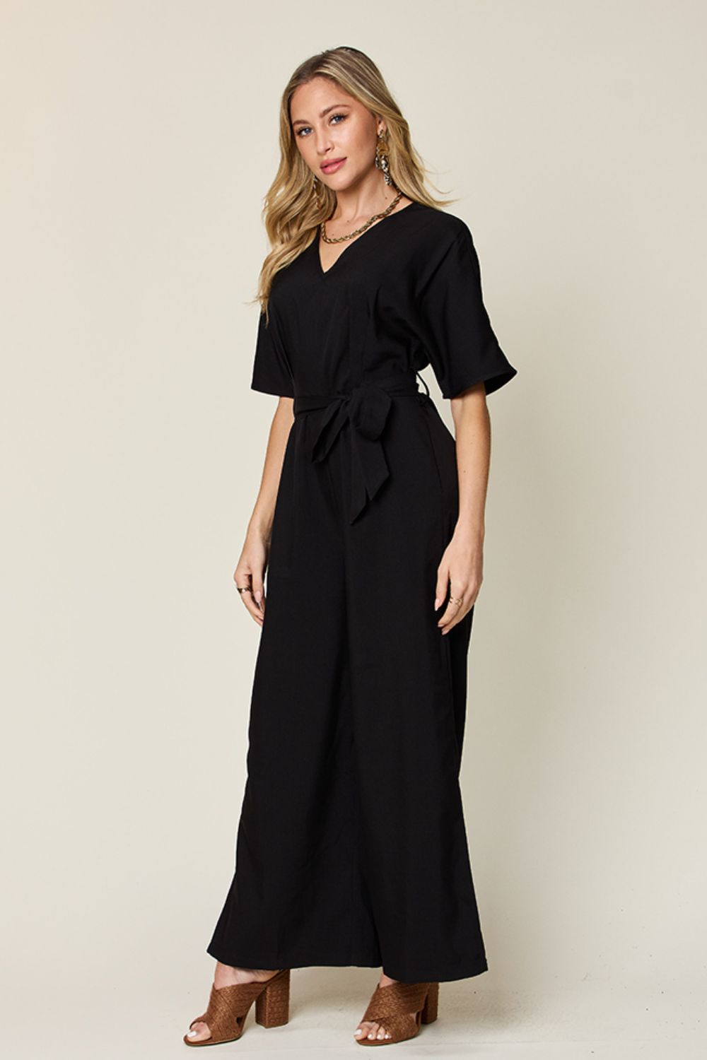 Double Take Full Size V-Neck Tied Side Slit Jumpsuit - AMIN Clothing 