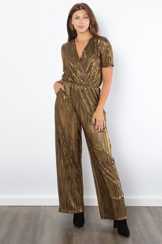 Be Stage Surplice Short Sleeve Pleated Foil Jumpsuit - AMIN Clothing 