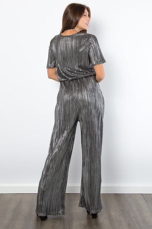 Be Stage Surplice Short Sleeve Pleated Foil Jumpsuit - AMIN Clothing 