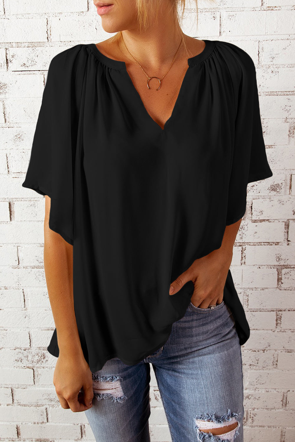 Gathered Detail Notched Neck Flutter Sleeve Top - AMIN Clothing 