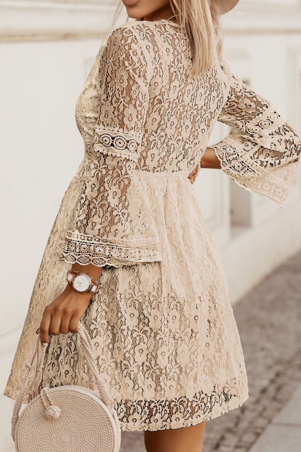 Lace V-Neck Three-Quarter Sleeve Dress - AMIN Clothing 