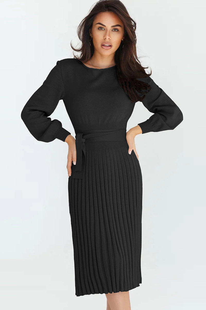 Round Neck Long Sleeve Pleated Sweater Dress - AMIN Clothing 