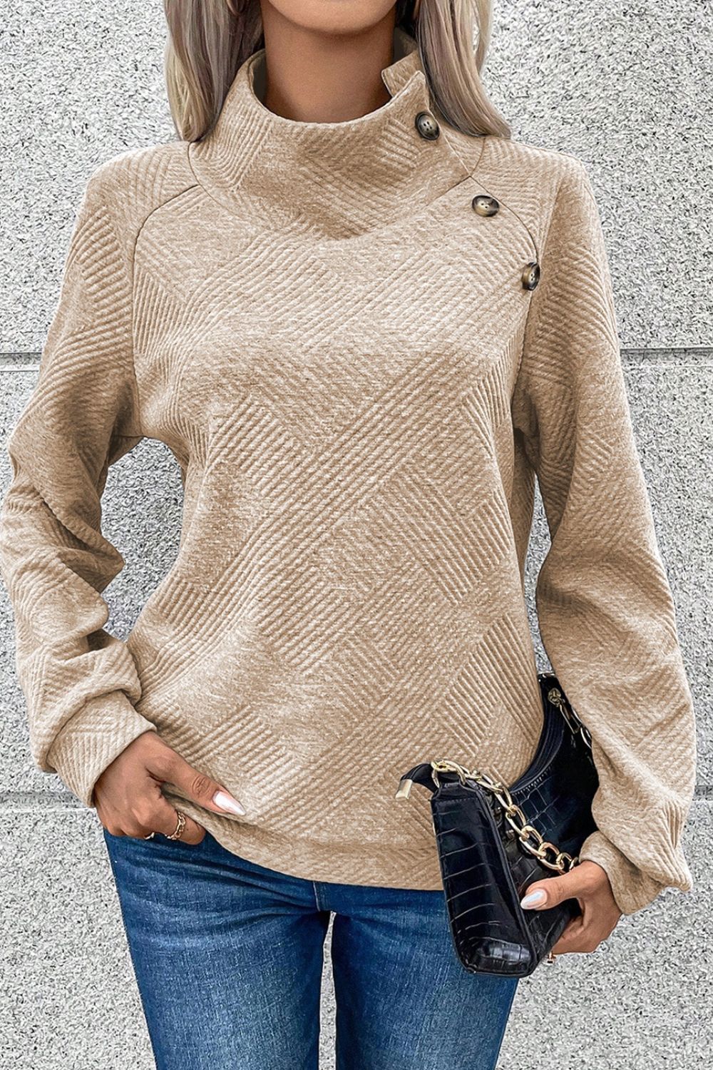 Textured Turtleneck Long Sleeve Sweatshirt - AMIN Clothing 