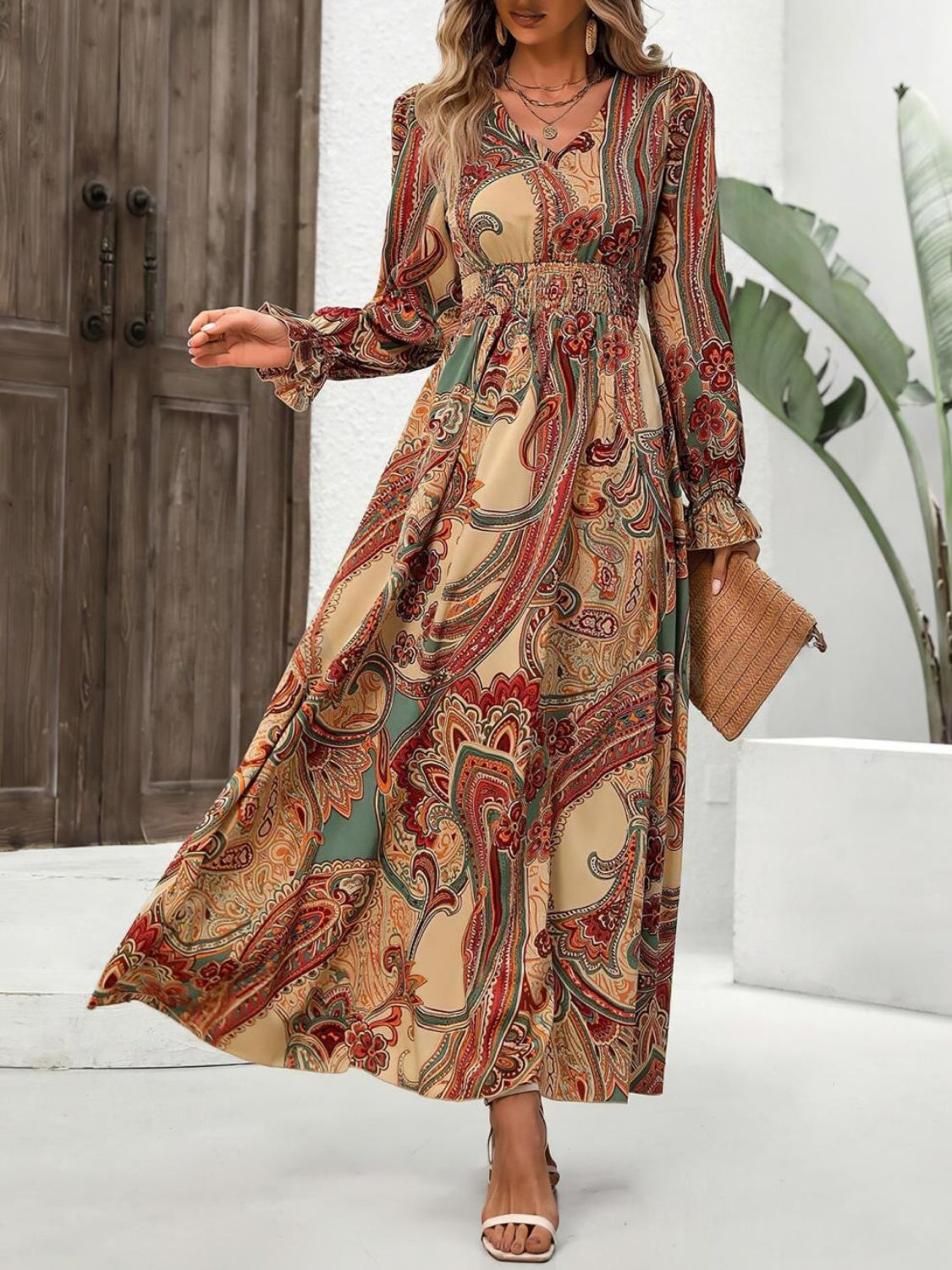 Smocked Printed V-Neck Flounce Sleeve Dress - AMIN Clothing 