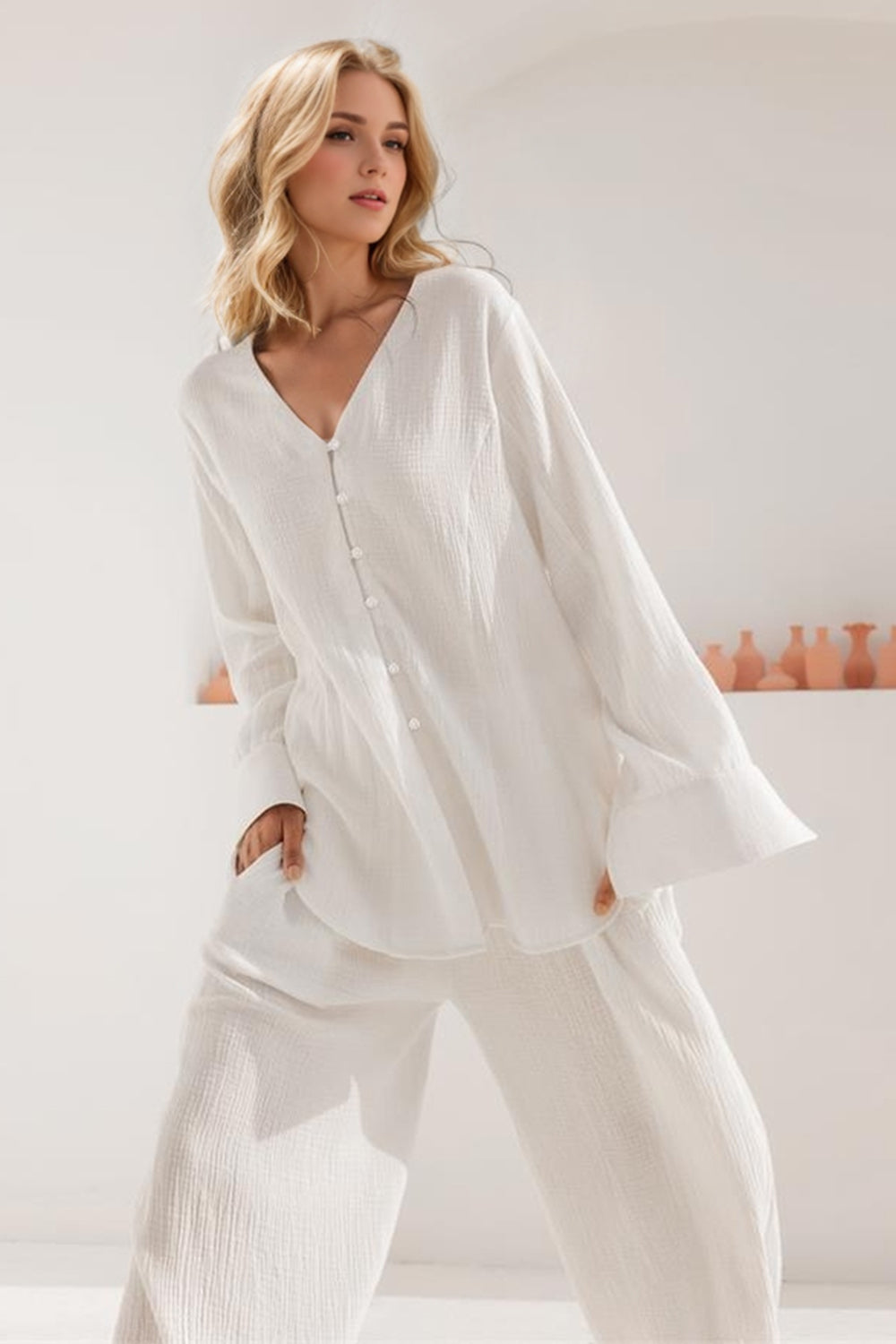 Basic Bae Buttery-Soft V-Neck Long Sleeve Top and Pants Set - AMIN Clothing 