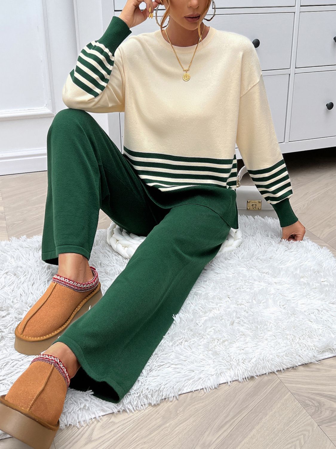 Devine Slit Striped Round Neck Top and Pants Sweater Set - AMIN Clothing 