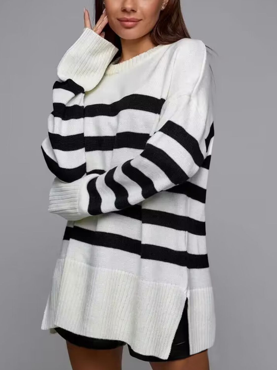 Slit Striped Round Neck Sweater - AMIN Clothing 