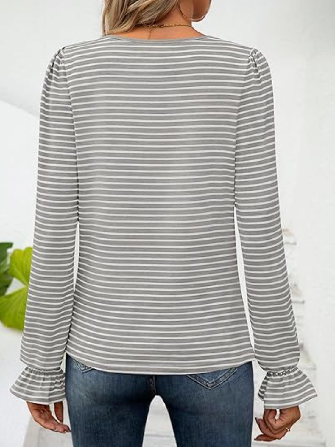 Striped Square Neck Flounce Sleeve Top - AMIN Clothing 