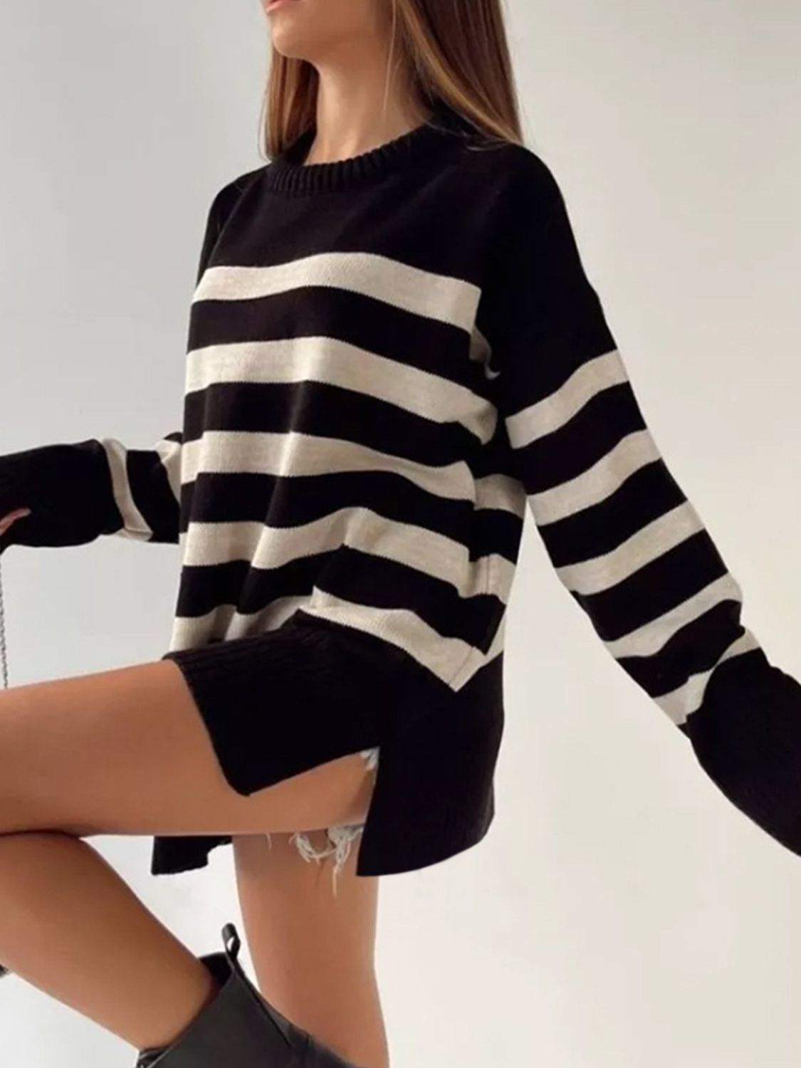 Slit Striped Round Neck Sweater - AMIN Clothing 