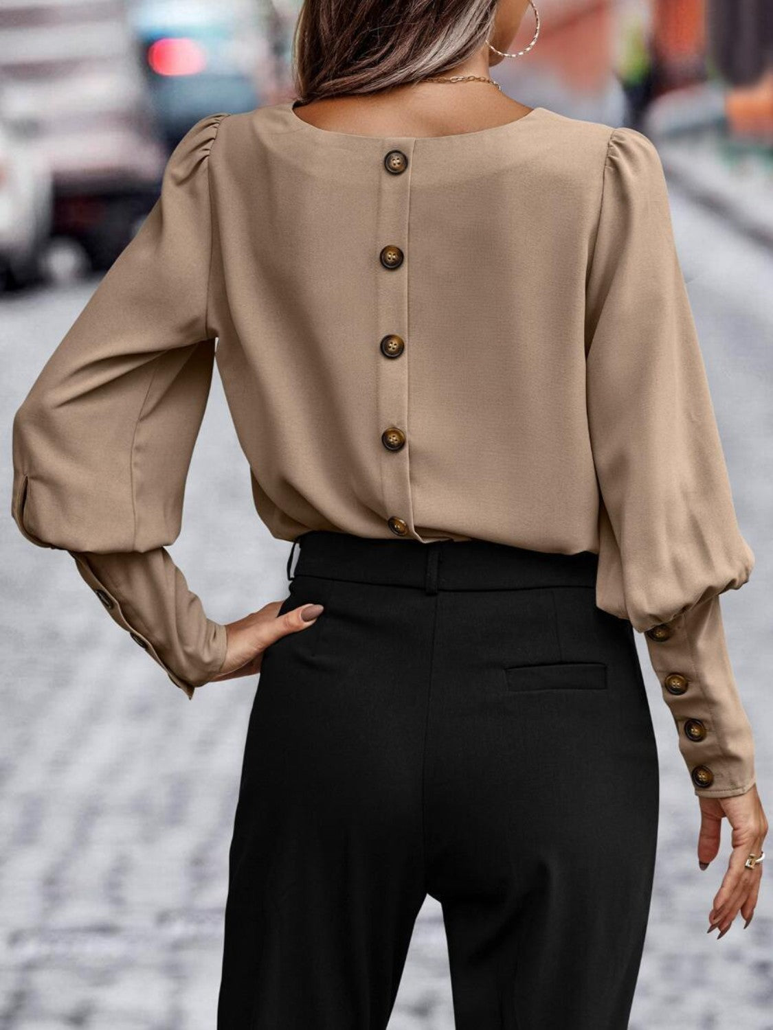 Round Neck Lantern Sleeve Blouse - AMIN Clothing 