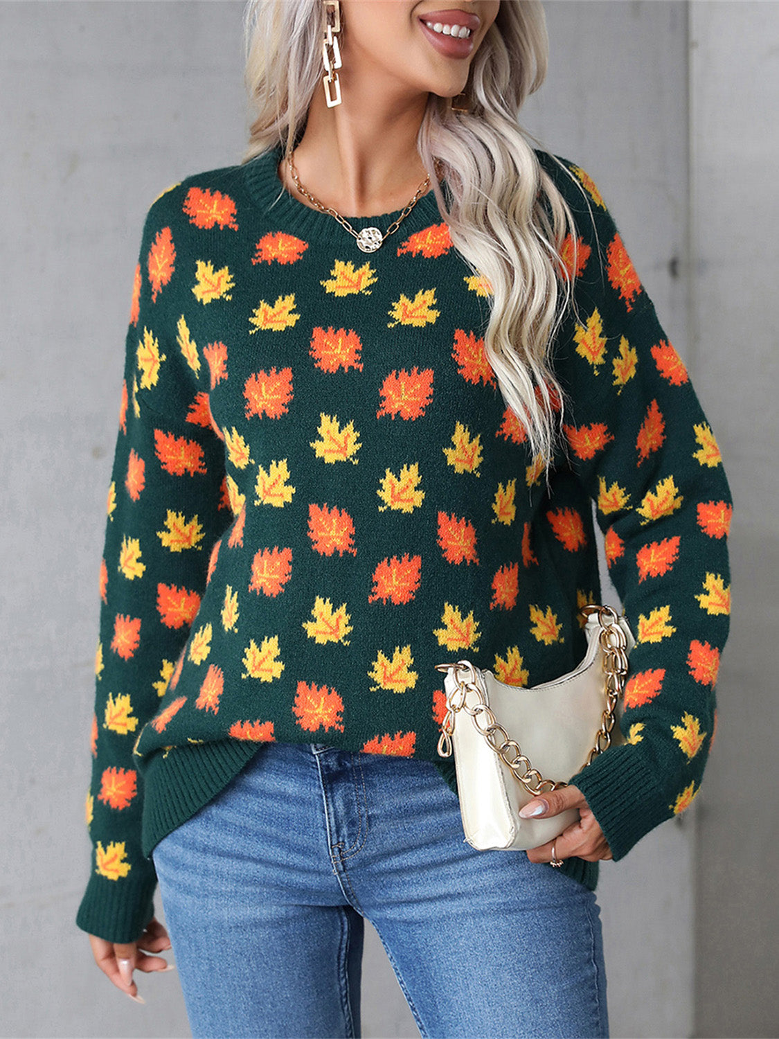 Angel Wings Maple Leaf Round Neck Long Sleeve Sweater - AMIN Clothing 