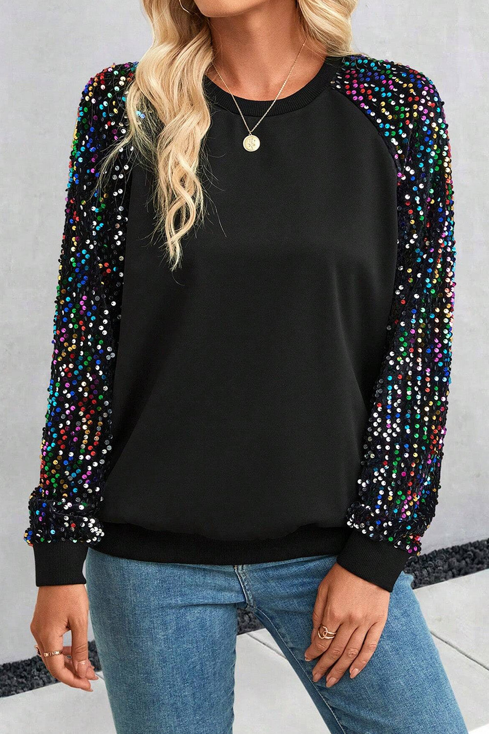 Sequin Round Neck Long Sleeve Blouse - AMIN Clothing 